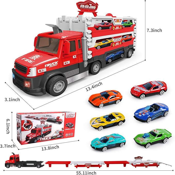 Carrier Truck Race Track Kids Toys, 4.6-FT Foldable Hauler Track Ejection Car Police Trucks Toy and 6 Racing Car with Light&Sounds, Truck Toy Child Xmas Gifts for 3+ Year Old Boys Girls-Red
