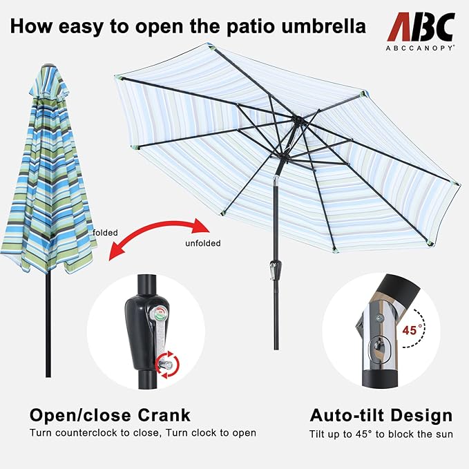 ABCCANOPY 9FT Patio Umbrella - Outdoor Waterproof Table Umbrella with Push Button Tilt and Crank, 8 Ribs UV Protection Pool Umbrella for Garden, Lawn, Deck & Backyard (Blue Green Stripes)