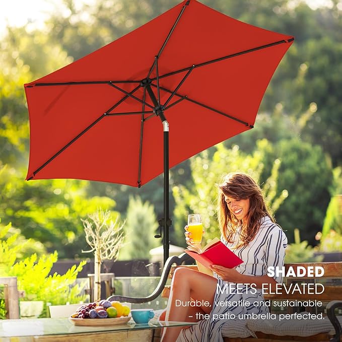 wikiwiki 7.5 FT Patio Umbrellas Outdoor Table Market Umbrella with Push Button Tilt/Crank, 6 Sturdy Ribs, Fade Resistant Waterproof POLYESTER DTY Canopy for Garden, Lawn, Deck, Backyard & Pool, Red