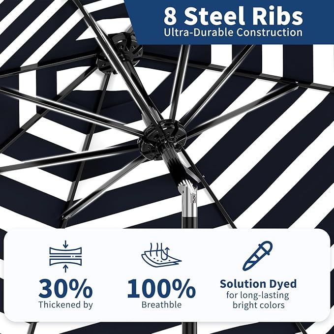 9Ft Patio Umbrella - 8 Sturdy Ribs Outdoor Table Umbrella with Crank Lift & Push Button Tilt - Market Umbrella for Pool, Deck, Yard, Garden - Light blue & White Stripe
