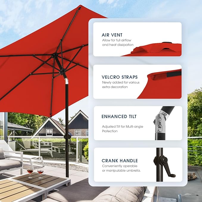 wikiwiki 7.5 FT Patio Umbrellas Outdoor Table Market Umbrella with Push Button Tilt/Crank, 6 Sturdy Ribs, Fade Resistant Waterproof POLYESTER DTY Canopy for Garden, Lawn, Deck, Backyard & Pool, Red