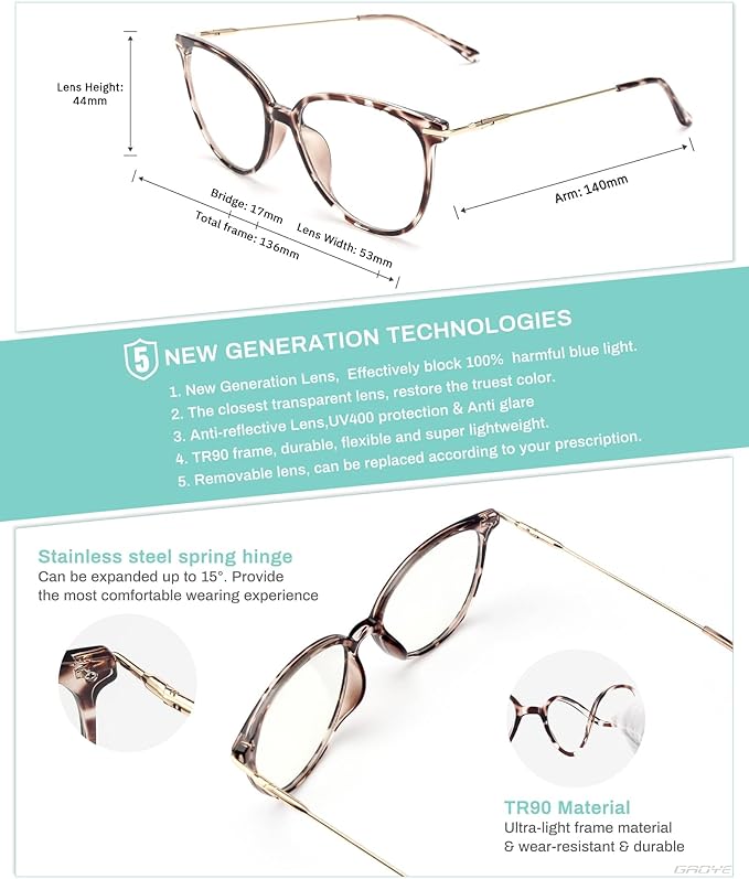 Gaoye Cute Retro Blue-Light Glasses - Mixed Material Frames, Metal Arms, Plastic Nosepads - UV400 Computer Lenses