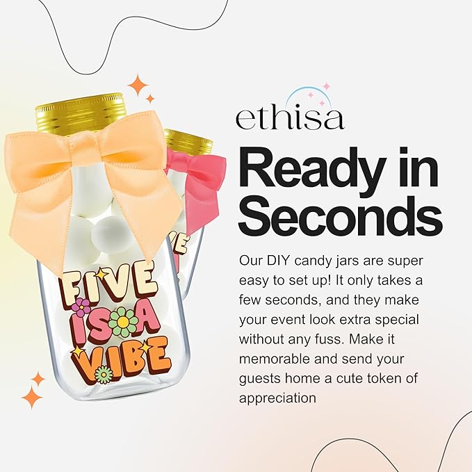 Small 12 Pack Five is a Vibe Party Favors - DIY Candy Jars with Ribbons and Stickers - Groovy Party Decoration Bottles for 5th Birthday Bash for Boy or Girl - Giftable Funky Retro Table Centerpiece