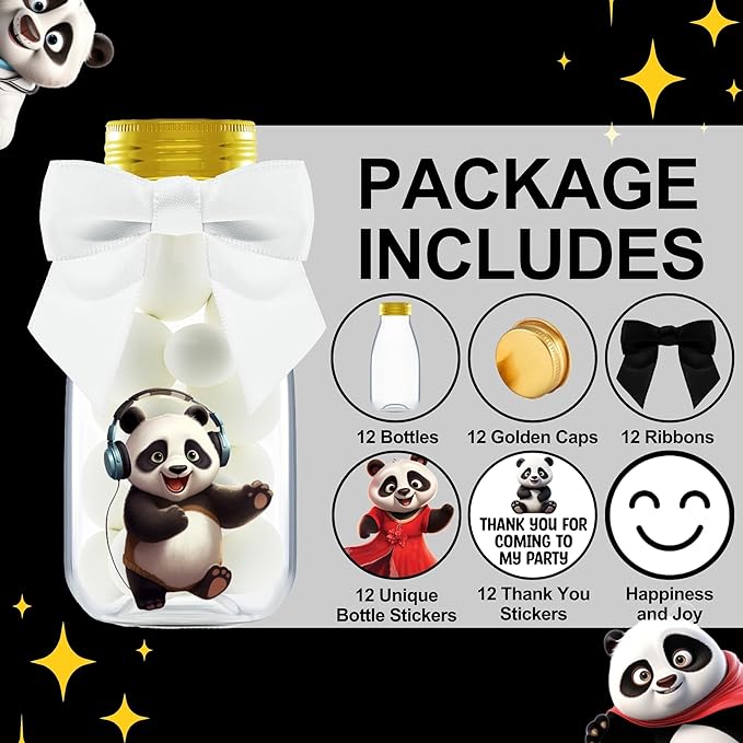 Small 12 Pack Panda Party Favors - DIY Candy Jars with Ribbons and Stickers - Party Decoration Bottles for Birthday, School Classroom, and Baby Shower - Panda Table Centerpieces for Kids