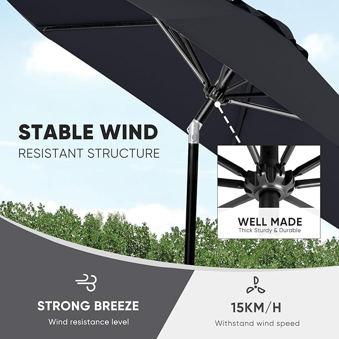 Tempera Patio Market Outdoor Table Umbrella with Push Button Tilt and Crank,Large Sun Umbrella with Sturdy Pole&Fade resistant canopy,Easy to set