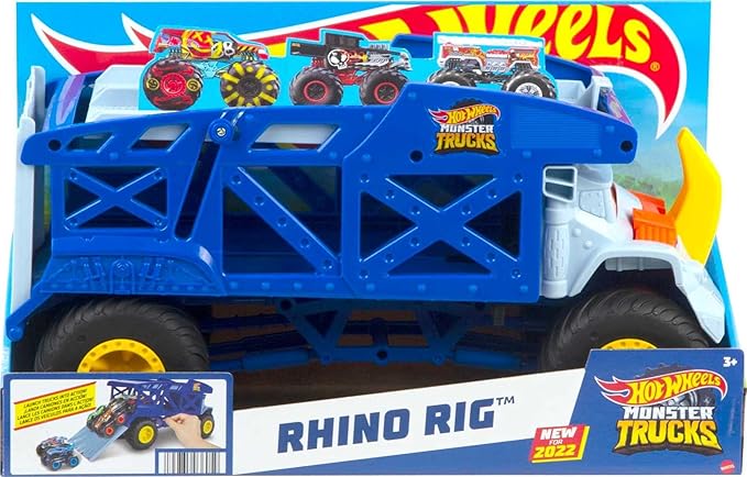 Hot Wheels Monster Trucks Toy Hauler, Oversized Truck Carries & Stores 12 1:64 Scale Monster Trucks or 32 Cars, Monster Mover Rhino