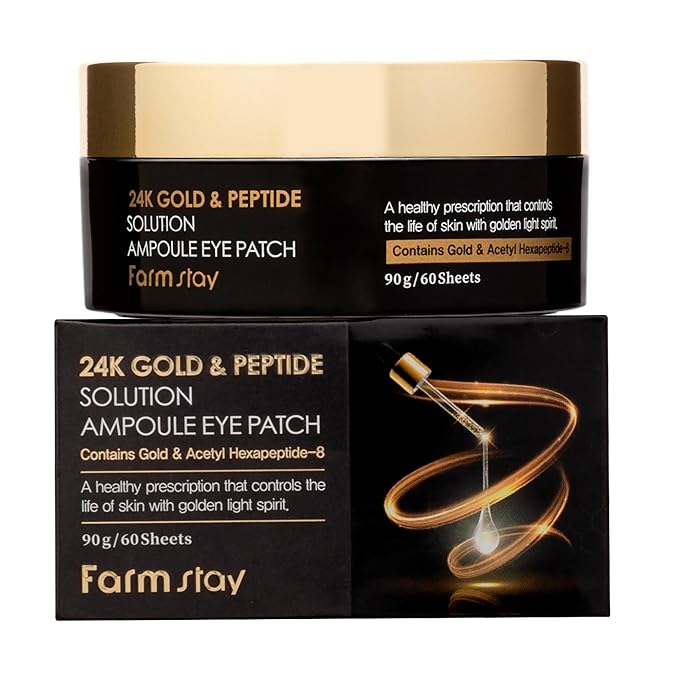 FARMSTAY 24K Gold and Peptide Solution Ampoule Eye Patch - Under Eye Patches for Wrinkles - Improves Skin Elasticity - Brightens Dark Circles - 60 pc