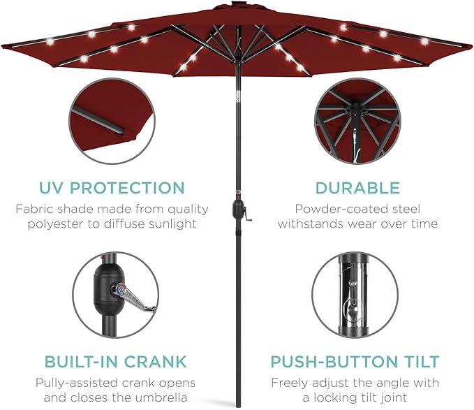 Best Choice Products 10ft Solar Polyester LED Lighted Patio Umbrella w/Tilt Adjustment and UV-Resistant Fabric - Red