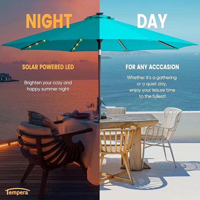Tempera Solar Patio Umbrella 40 LED Lighted Outdoor Umbrella Table Market Umbrella with Push Button Tilt and Crank, Solar Umbrella with Sturdy Pole&Fade Resistant Canopy, Easy to Set