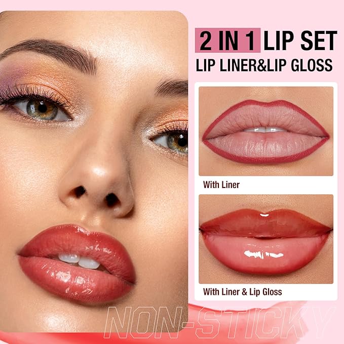 Jolilab Matte Lip Liner Lip Oil Set, Lip Makeup Set Natural Smooth Long-Lasting And Hydrating Beauty Daily Cosmetics Gift for Girls Easy-to-Use(4pcs)