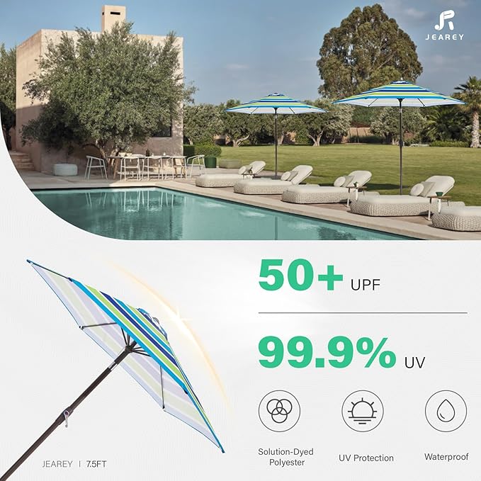 JEAREY 7.5FT Patio Umbrella Market Table Umbrella with 6 Sturdy Ribs, Push Button Tilt/Crank Outdoor Umbrella for Garden, Deck, Backyard, Pool and Beach,Bold Blue-Green Stripe