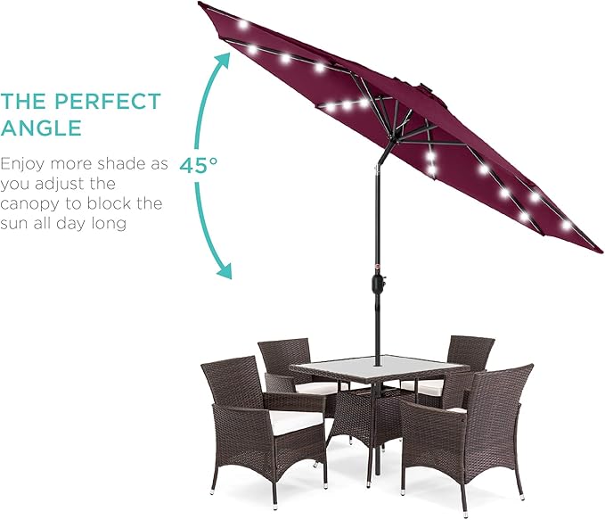 Best Choice Products 10ft Solar Polyester LED Lighted Patio Umbrella w/Tilt Adjustment and UV-Resistant Fabric - Burgundy