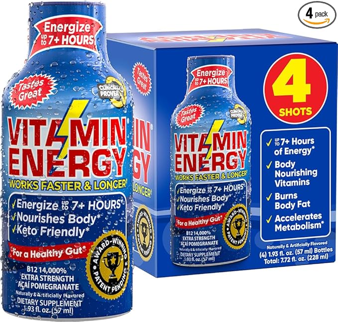 Vitamin Energy B12 Energy Drink Shots, Acai Pomegranate Flavor, Up to 7+ Hours of Energy, 1.93 Fl Oz, 4 Count