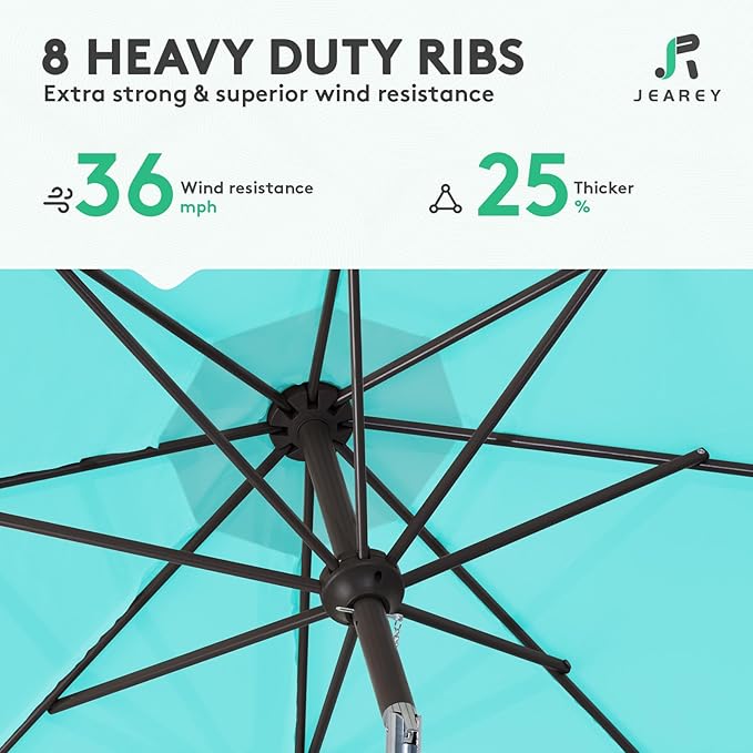JEAREY 9FT Outdoor Patio Umbrella Outdoor Table Umbrella with Push Button Tilt and Crank, Market Umbrella 8 Sturdy Ribs UV Protection Waterproof for Garden, Deck, Backyard, Pool (Peacock Blue)