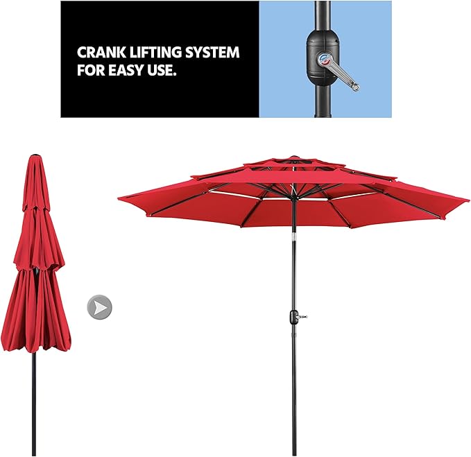 Yaheetech 3 Tier Patio Umbrella 10ft Vented Outdoor Large Market Table Umbrella with 8 Sturdy Ribs and 1.5" Umbrellla Pole, Double-layer Cloth & Push-button Tilting & Crank for Pool/Garden/Lawn Red