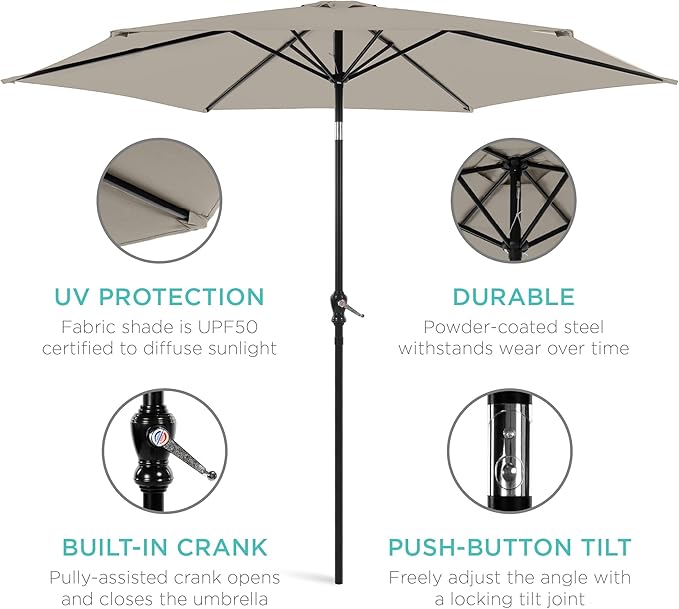 Best Choice Products 10ft Outdoor Steel Polyester Market Patio Umbrella w/Crank, Easy Push Button, Tilt, Table Compatible - Beige