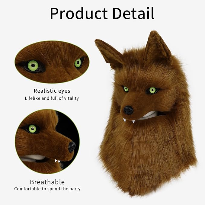 Furry Head Mask Animal Wolf Dog Plush Faux Fur Masks for Halloween Masquerade Cosplay Costume Props