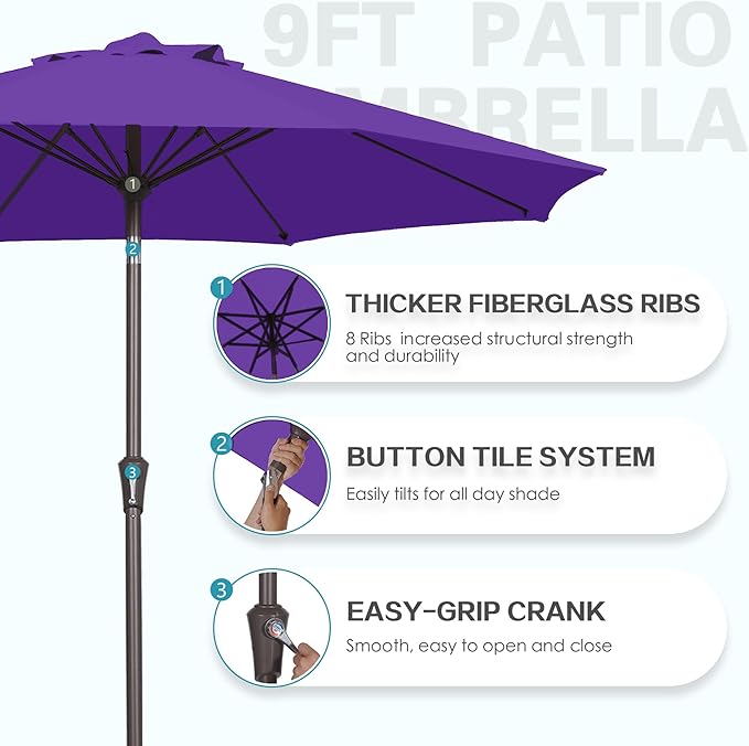 PatioKingdom 9FT Patio Outdoor Umbrella-UPF 50+ Sun Shade with Wind Vent, Push-Button Tilt & Smooth Crank Lift, Rust-Resistant Fiberglass Frame for Garden, Backyard,Yard