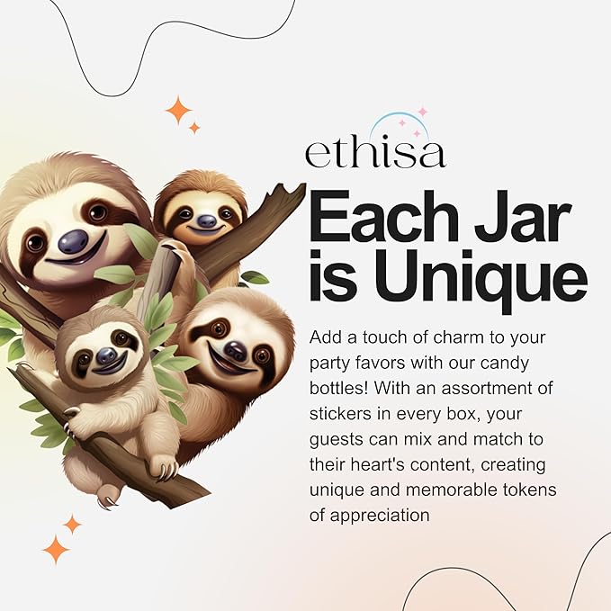 Small 12 Pack Sloth Party Favors - DIY Candy Jars with Ribbons and Stickers - Party Decoration Bottles for Birthday, School Classroom and Baby Shower - Sloth Table Centerpiece Gifts for Kids