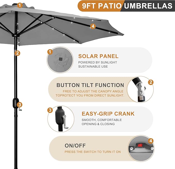 9FT LED Patio Umbrella, Solar Outdoor Umbrellas with LED Lights, Deck Umbrella with Push Button Tilt and Crank, UV Protection Waterproof for Pool, Porch, Garden, Deck, Backyard. (Gay)