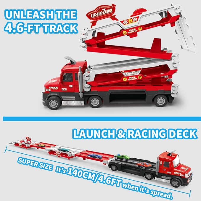 Carrier Truck Race Track Kids Toys, 4.6-FT Foldable Hauler Track Ejection Car Police Trucks Toy and 6 Racing Car with Light&Sounds, Truck Toy Child Xmas Gifts for 3+ Year Old Boys Girls-Red
