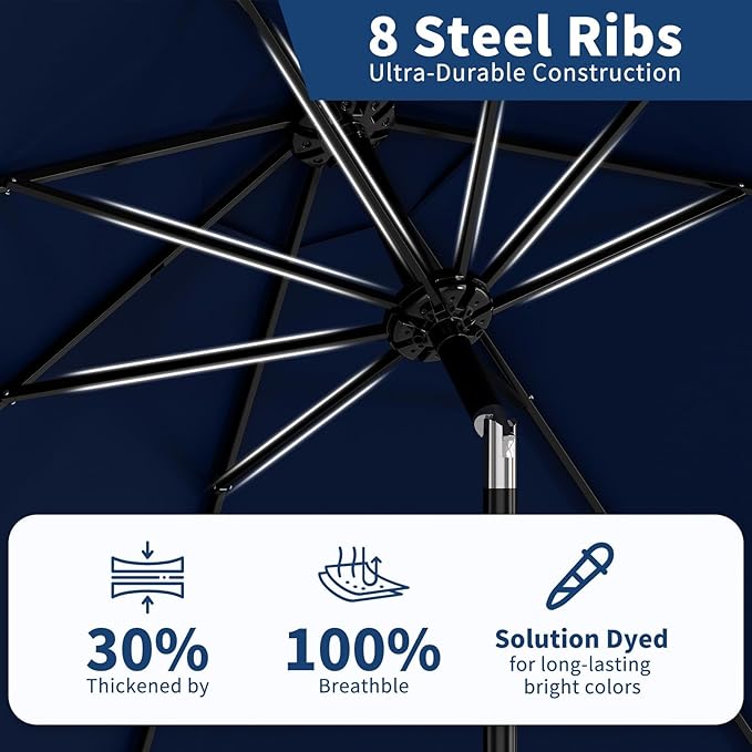 9Ft Patio Umbrella - 8 Sturdy Ribs Outdoor Table Umbrella with Crank Lift & Push Button Tilt - Market Umbrella for Pool, Deck, Yard, Garden - Navy Blue