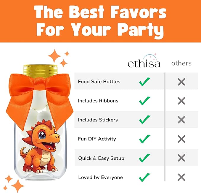 Small 12 Pack Dinosaur Party Favors - DIY Candy Jars with Ribbons and Stickers - Party Decoration Bottles for Birthday, Baby Shower and School Classroom - Dinosaur Table Centerpiece for Kids