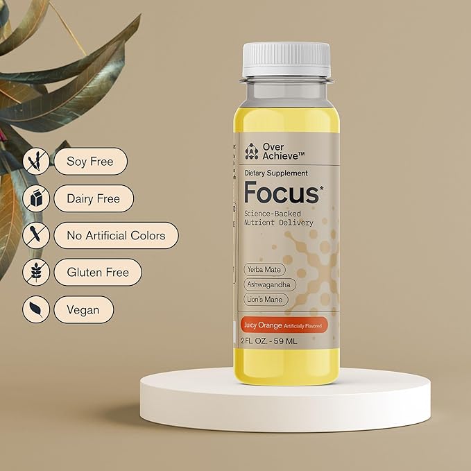 Focus Drink for Concertation - Contains Yerba Mate, Ashwagandha and Lions Mane Mushroom with Advanced Nanoscience Technology - 12 Pack Brain Focus Drink, Orange Flavor, 2oz