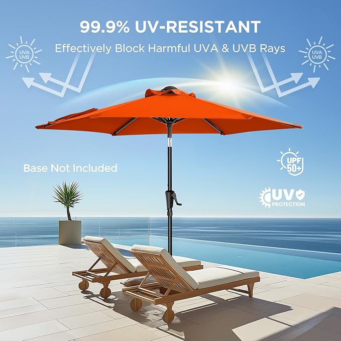 7.5ft Outdoor Patio Umbrella - Market Table Pool Deck Umbrella UPF50+ UV Protection with Push Button Tilt, Crank and 6 Sturdy Ribs (Neon Orange, No base)