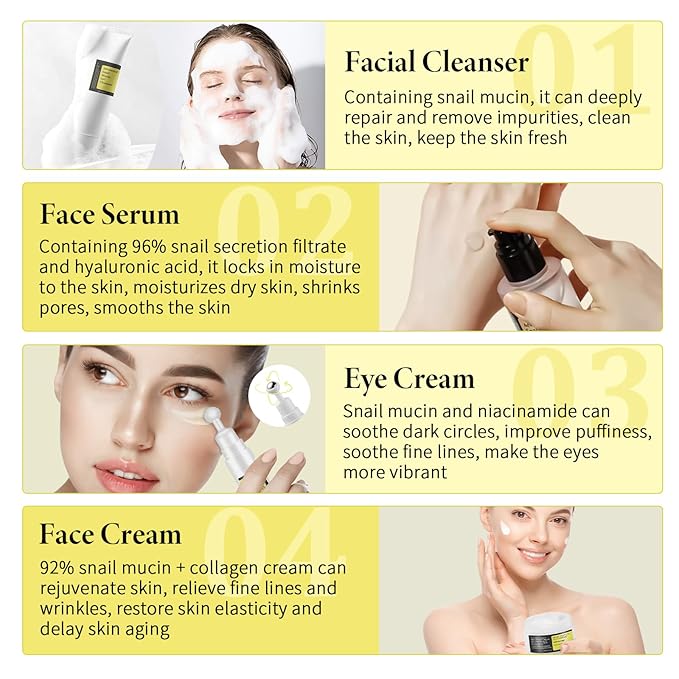 Snail Mucin Skin Care Set For Women, 4 PCS Advanced Snail Mucin Routine Kit For Girls, Skin Care Gift Set With Face Cleanser, Serum, Face Cream, Eye Cream, Moisturizing, Repairing, Anti Aging.