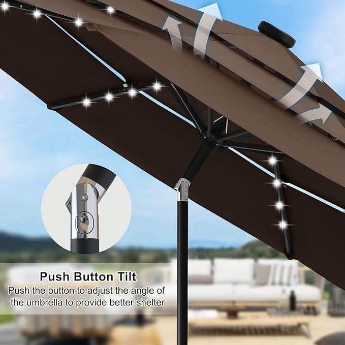 ABCCANOPY Solar Led Patio Umbrellas 3-Tiers 9FT (Brown)