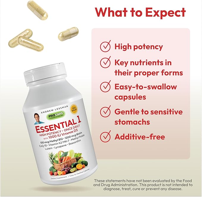 ANDREW LESSMAN Essential-1 Multivitamin 1000 IU Vitamin D3 60 Small Capsules – 100 mcg Methyl B12. CoQ10 Lutein Lycopene Zeaxanthin. High Potency. No Additives. Gentle Ultra-Mild. One Daily Capsule