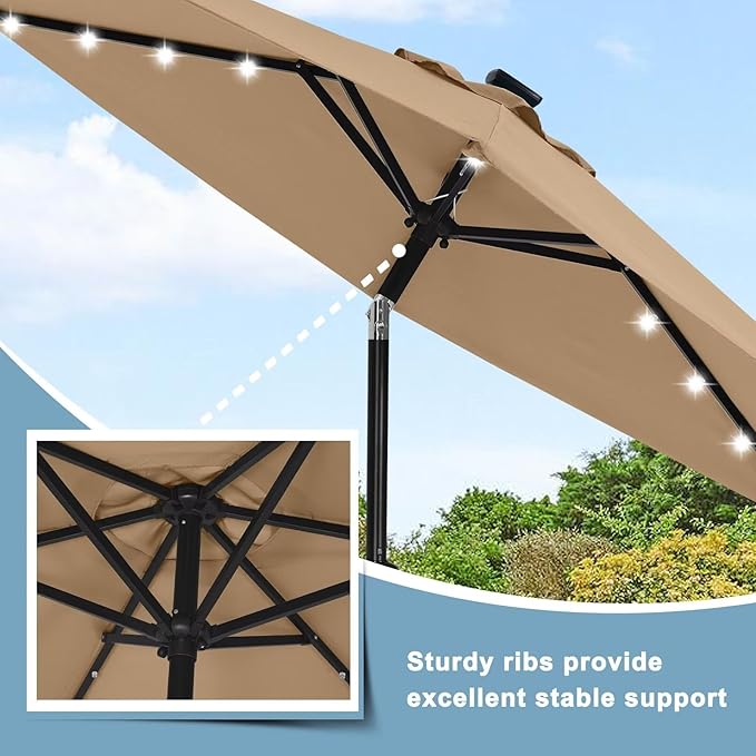 ABCCANOPY Durable Solar Led Patio Umbrellas with 24LED Lights 7.5FT with 6 Sturdy Ribs (Tan)