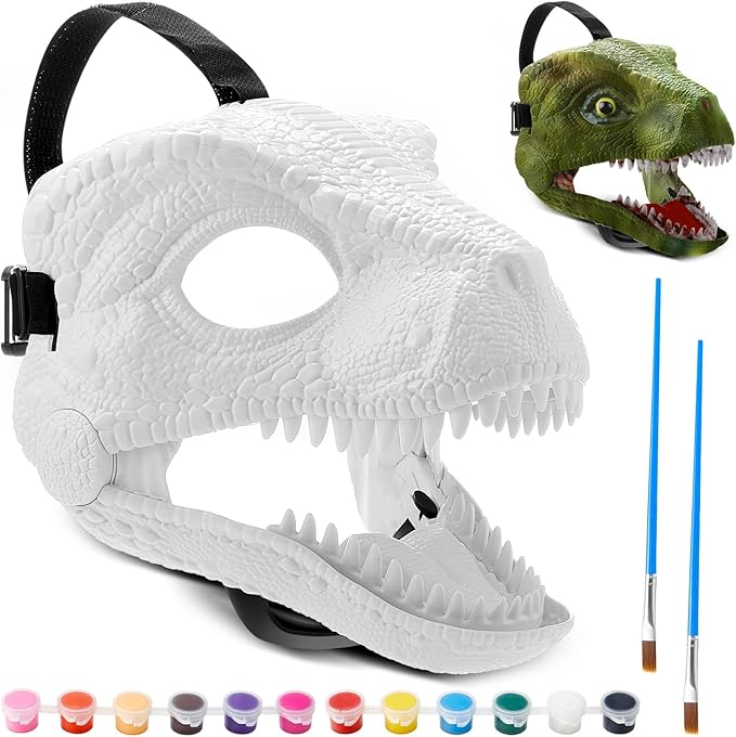 DIY White Hard Plastic Dino Mask with Paint Set,Dinosaur Mask Moving Jaw,T-rex,Jurassic for Kids