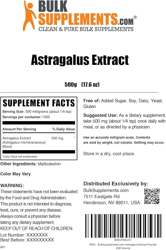 BulkSupplements.com Astragalus Extract Powder - from Astragalus Root, Astragalus Supplement - Vegan & Gluten Free, Astragalus Powder - 500mg per Serving, 500g (1.1 lbs) (Pack of 1)