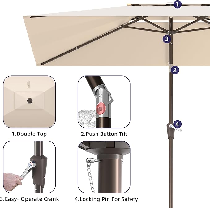 6.6x10ft Rectangular Patio Umbrella, 2 Tiers Outdoor Table Umbrellas with Push Button Tilt and Crank for Patio, Pool, Backyard, Deck, Picnic, Yard (Beige)