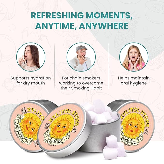Xylitol Stone Sugar Free Candy - Vegan & Keto Friendly Unique Hard Candy - 100% Natural Flavor Candies - Gluten Free & Non-GMO Breath Freshener Low Calorie Mints - Peach (Pack of 3)