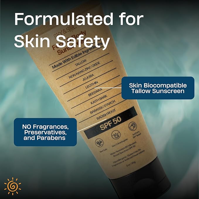 Non-Toxic Natural Mineral Sunscreen SPF 50 | Safest Organic Natural Tallow & Zinc Oxide Sunblock | Reef Safe, Clean Non-Greasy Formula for Face and Body | Women and Men. 3 oz (85 g)