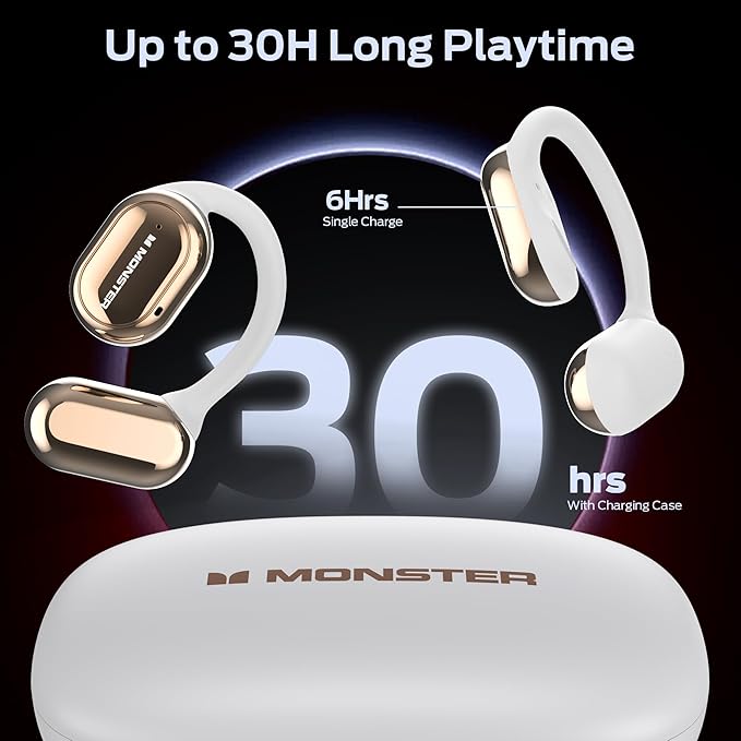 Monster Open Free AC100 Open Ear Bluetooth 5.3 Headphones, Wireless Earbuds with Earhooks, Immersive Stereo Sound by 16mm Large Driver, Clear Calls, 30H Playtime, for Workout