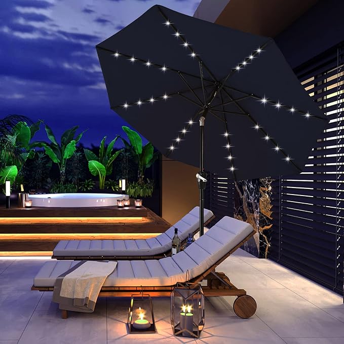 ABCCANOPY Durable Solar Led Patio Umbrellas with 24LED Lights 7.5FT (Navy Blue)