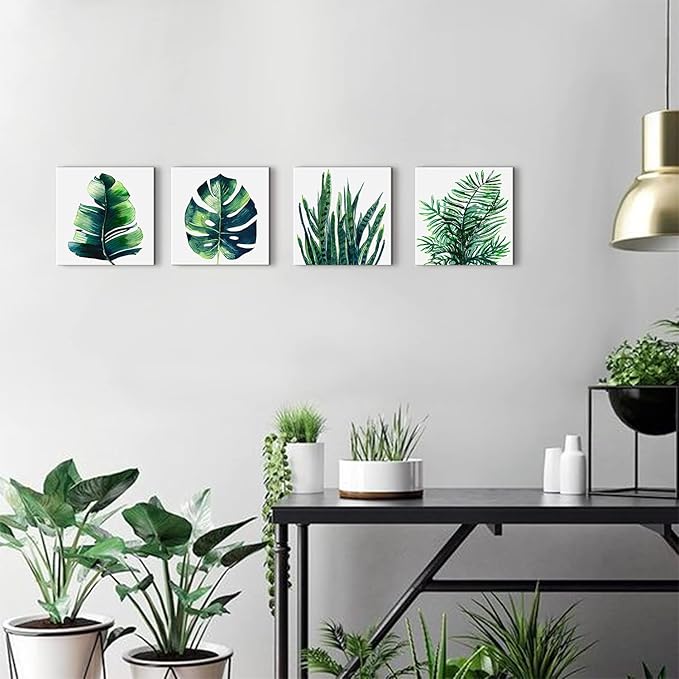 Nature Wall Art Green Plant Wall Decor Tropical Botanical Leaves Pictures Canvas Prints Bedroom Minimalist Boho Sage Monstera Leaf Painting Artwork for Bathroom Living Room Home Decorations 8x8” 4 Pcs