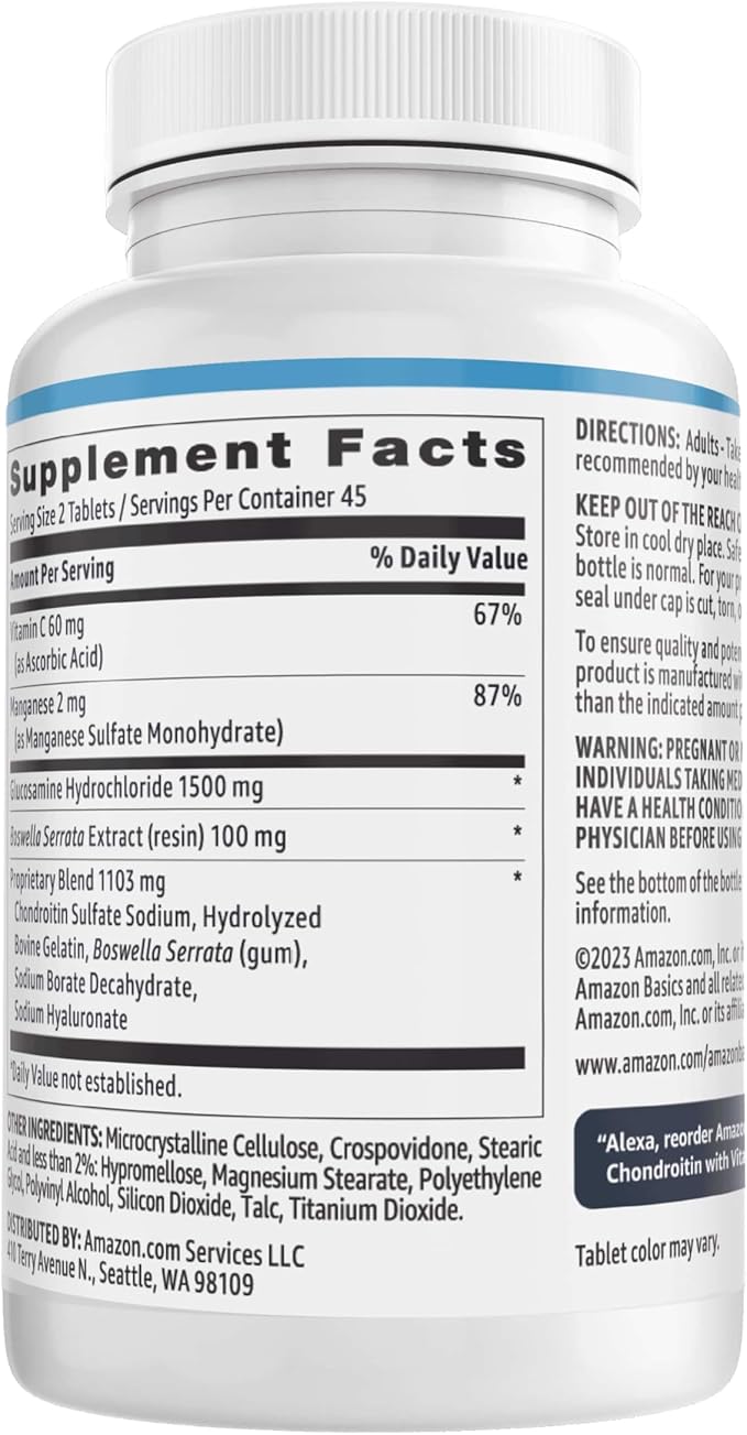 Amazon Basics Glucosamine 1500 mg with Chondroitin and Vitamin C 60 mg, 90 Tablets (2 per serving), Gluten Free