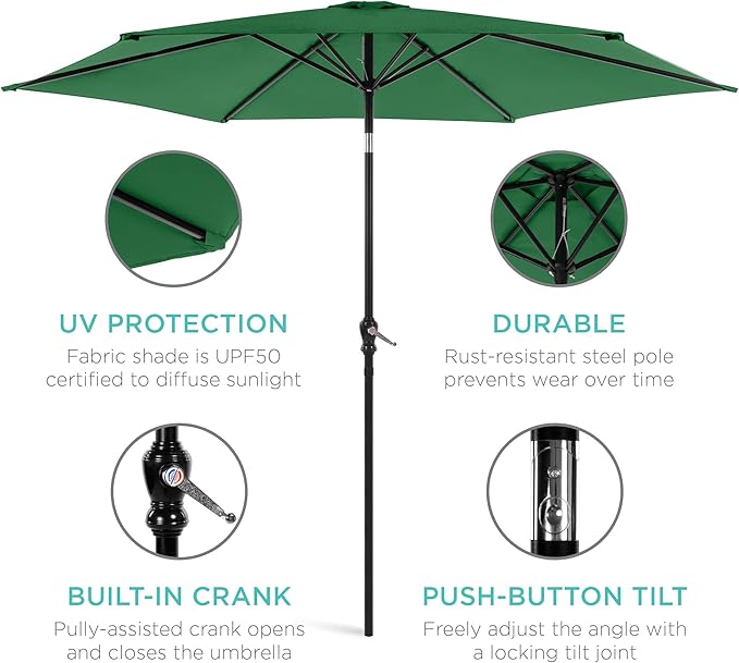 Best Choice Products 10ft Outdoor Steel Polyester Market Patio Umbrella w/Crank, Easy Push Button, Tilt, Table Compatible - Green