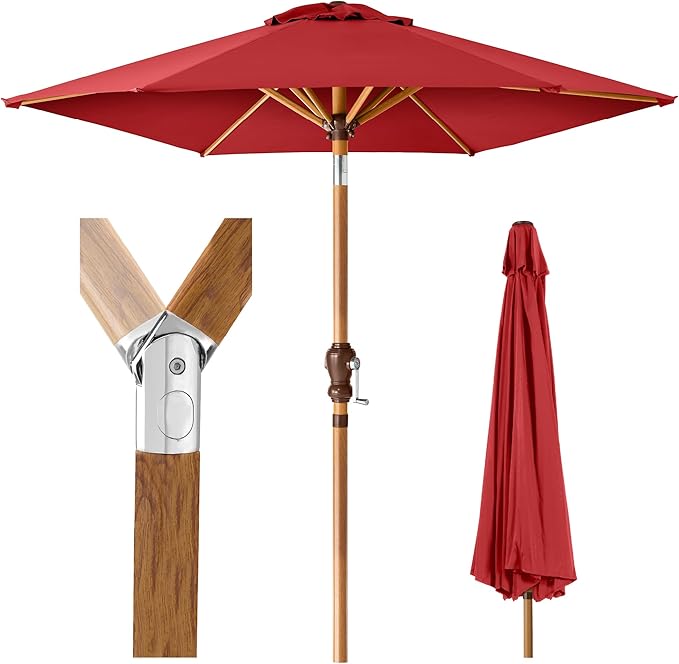 Best Choice Products 10ft Market Umbrella, Outdoor Sun Shade for Backyard, Deck, Poolside, Table w/Woodgrain Pattern, Easy Tilt & Crank - Red