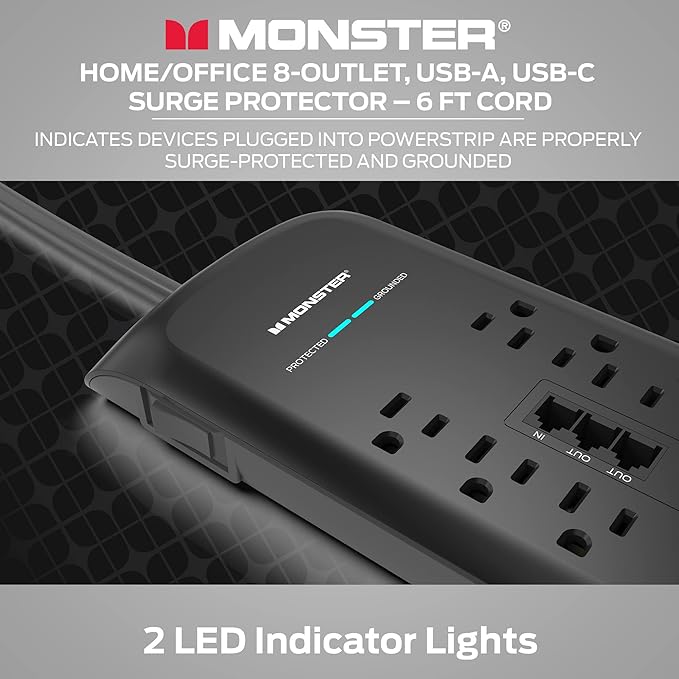 Monster Black Heavy Duty Surge Protector Power Strip 6 ft Cord with 8 120V-Outlet Extension, 2 Ethernet Switch Ports, 4050J Rating, 1 USB-A, and 1 USB-C Charging Ports – Ideal for Computers and Office