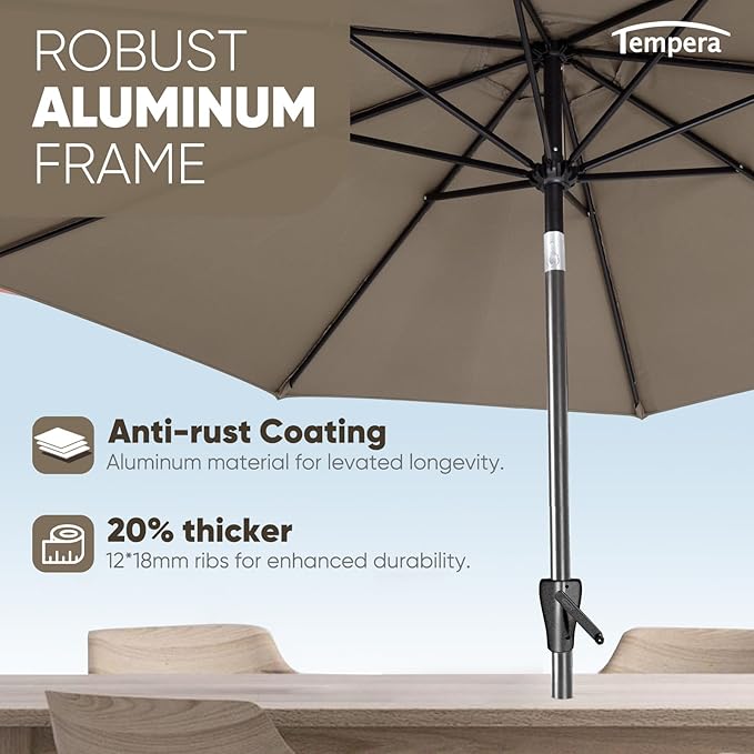 Tempera Patio Market Outdoor Table Umbrella with Push Button Tilt and Crank,Large Sun Umbrella with Sturdy Pole&Fade resistant canopy,Easy to set
