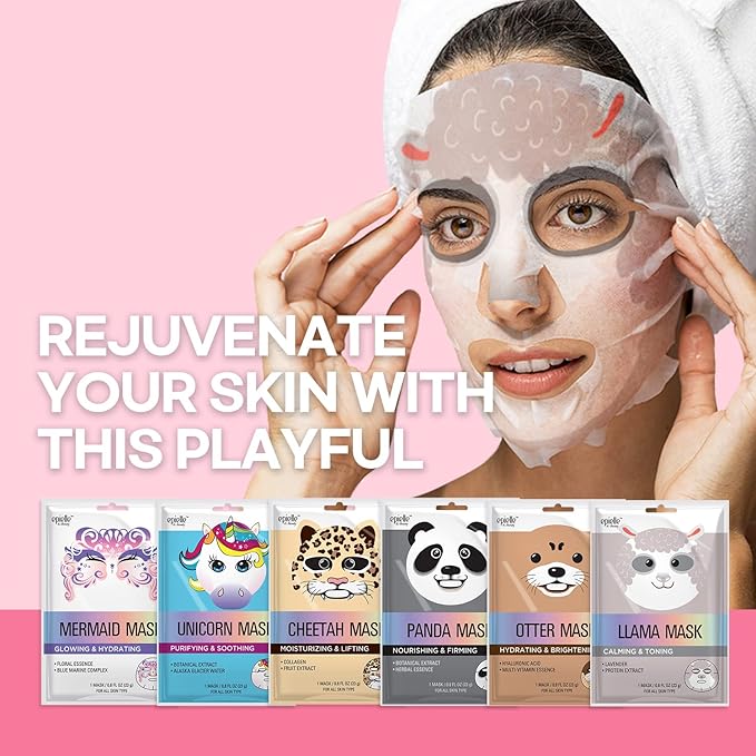 Epielle Animal Character Sheet Masks | Korean Spa Masks for All Skin Types | Face Mask, Spa Gifts, Birthday Party Gifts, Girls' Night, Skincare Party | Assorted 6 Pack | Korean Skincare