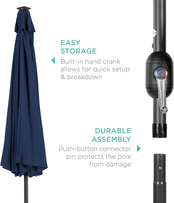 Best Choice Products 10ft Solar Polyester LED Lighted Patio Umbrella w/Tilt Adjustment and UV-Resistant Fabric - Navy Blue