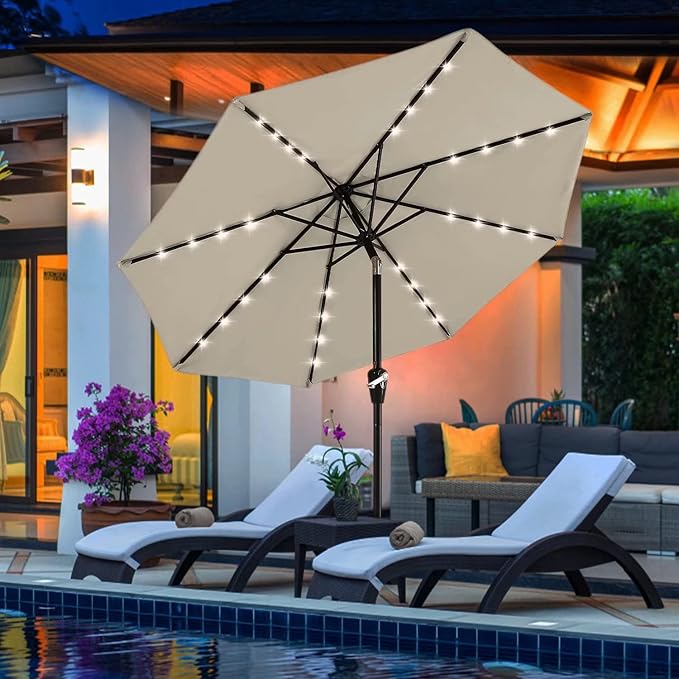 ABCCANOPY Durable Solar Led Patio Umbrellas with 32LED Lights 7.5FT (Light Beige)