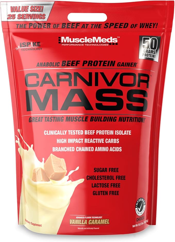 MuscleMeds Carnivor Mass Anabolic Beef Protein Gainer, Vanilla Caramel, 10 Pounds